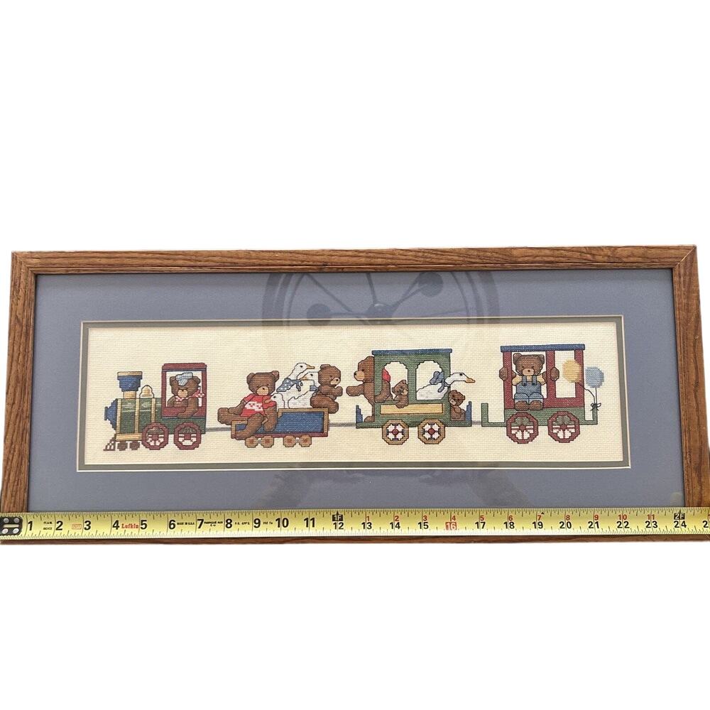 Vintage Framed Needlework Teddy Bear Express 1985. Pattern Dale Burdett CK175